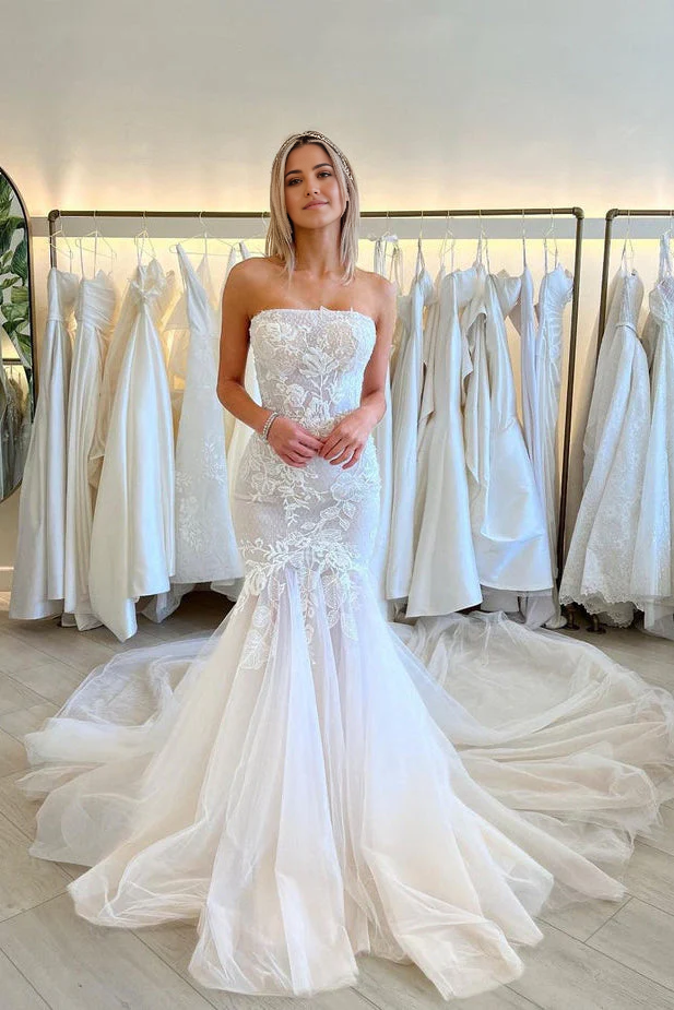 Vestidos de novia largos de tul elegantes sin tirantes de sirena con apliques